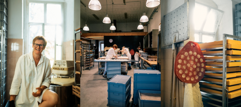 Foto-Montage: Links Anja, Chefin der Herzensbäckerei; Mitte und rechts: Blick in die Backstube